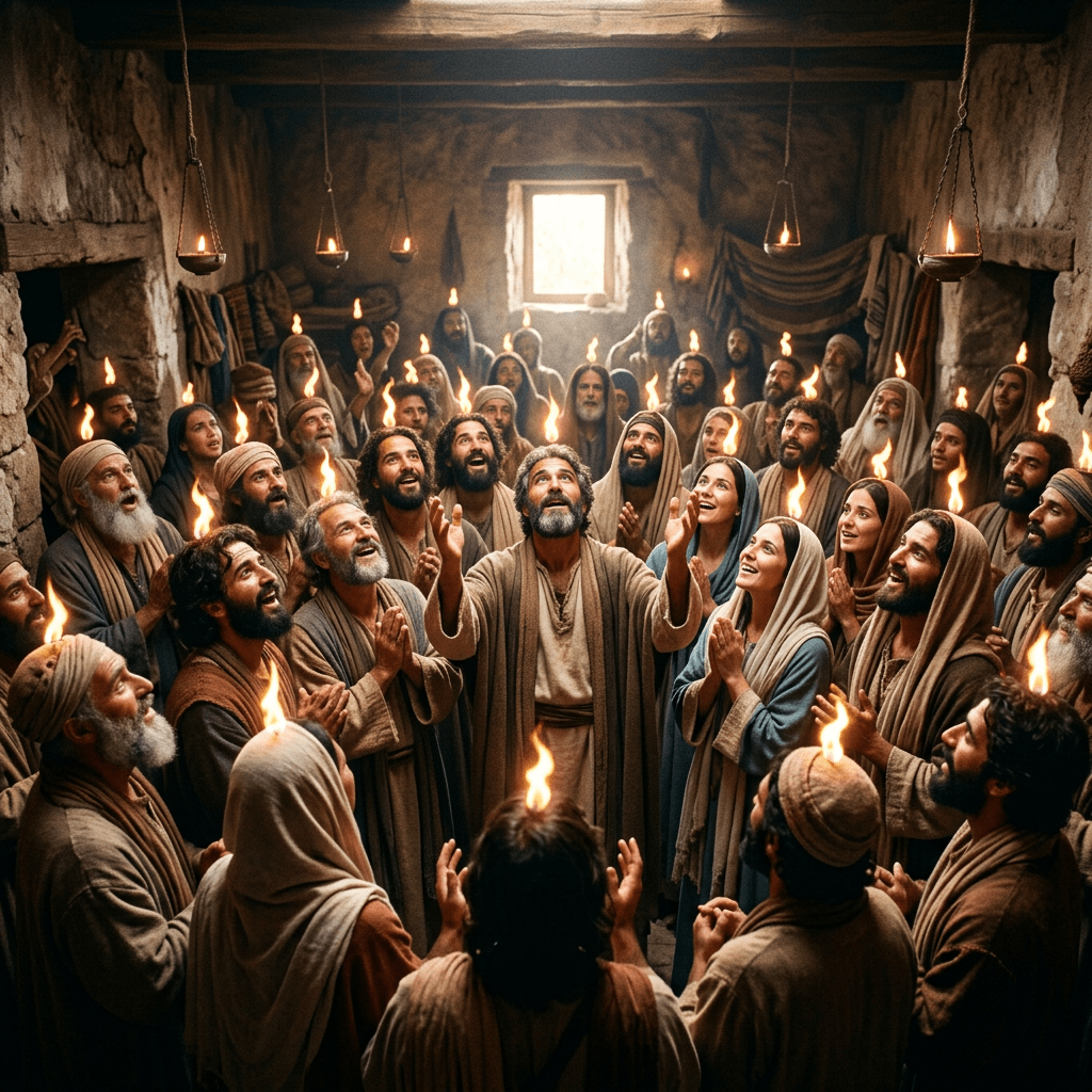 Group of diverse men and women with flames above their heads inside a stone room