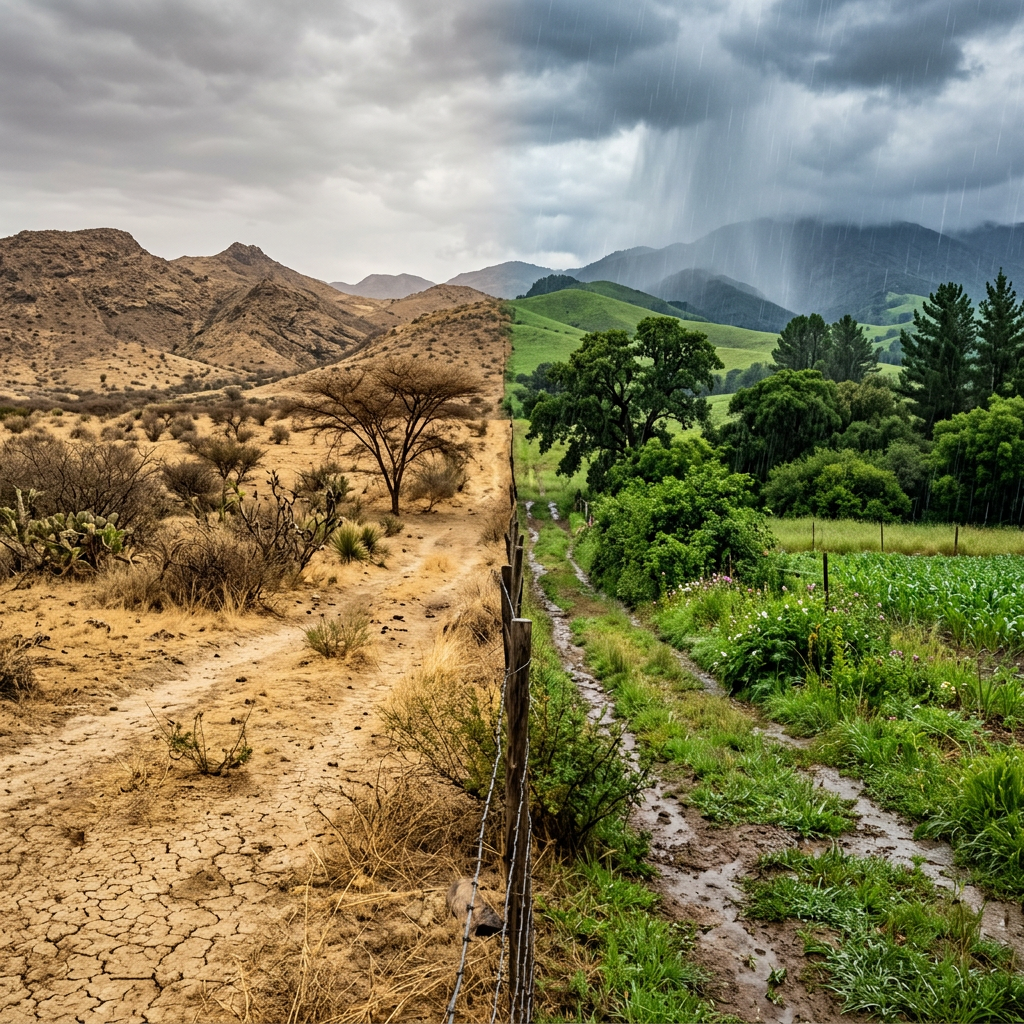 Dry cracked desert land on left side and rainy green vegetation on right side separated by a barbed wire fence